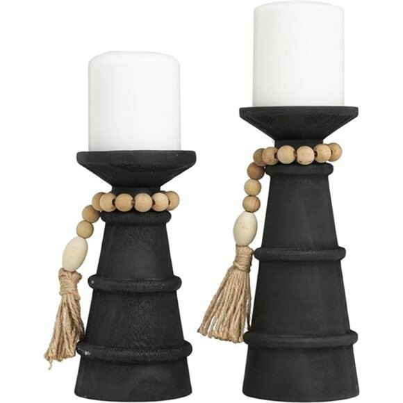 Black Wood Candle Holders Set of 2 Decorative Rustic Beaded Garland Home Decor - Picture 8 of 8